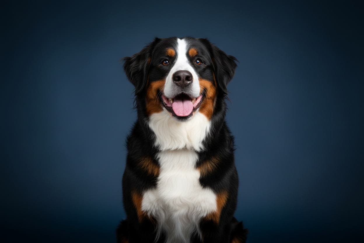 Bernese dog sitting happy in a studio navy background 